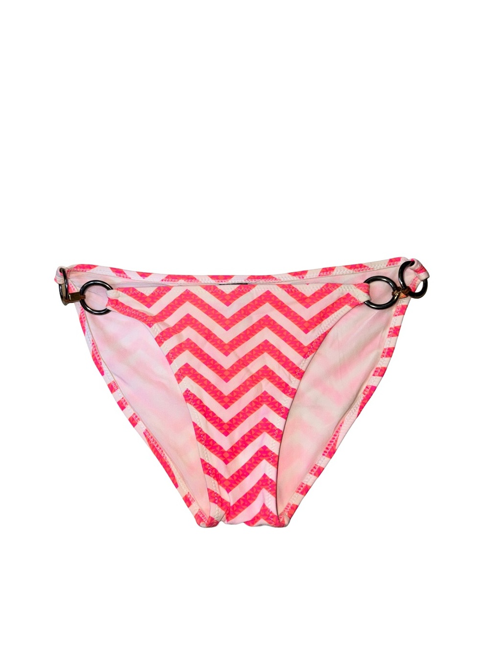Pink Chevron Bikini Bottom with Gold Ring Accents – Mid-Rise Swim Bottom